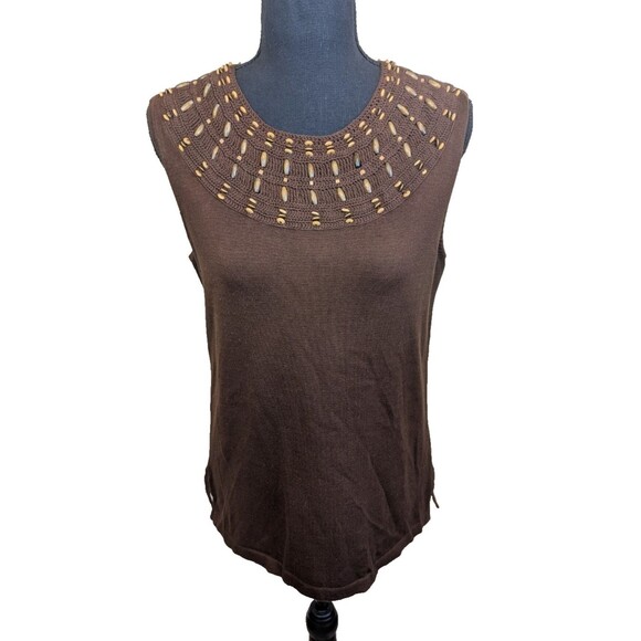 Jones New York Women Top Brown Mercerized Cotton Knit Beaded Boho Fall Medium - Picture 1 of 11